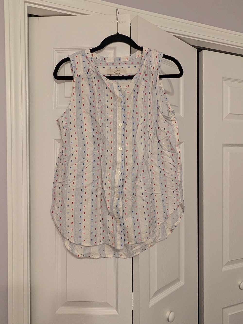 LOFT White Sleeveless Button-Front Top with Red & Blue Dot Print